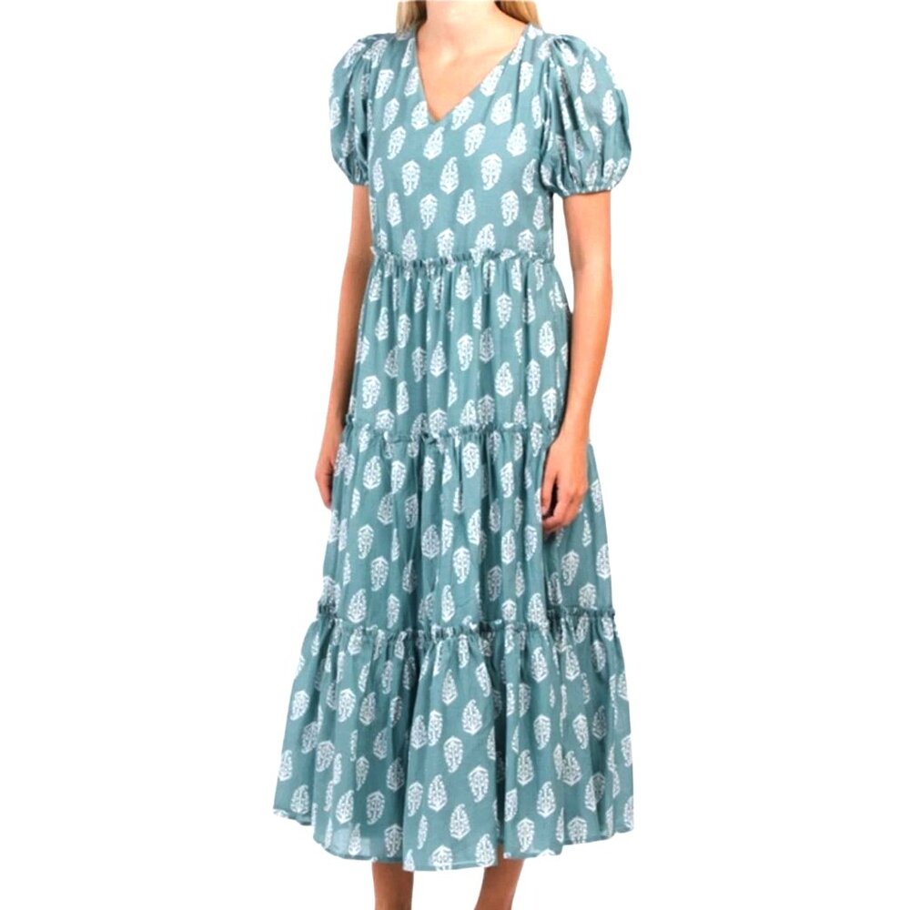 Lucky Brand Blue/Green Paisley Print Puff Sleeve Tiered Maxi Midi Dress Small
